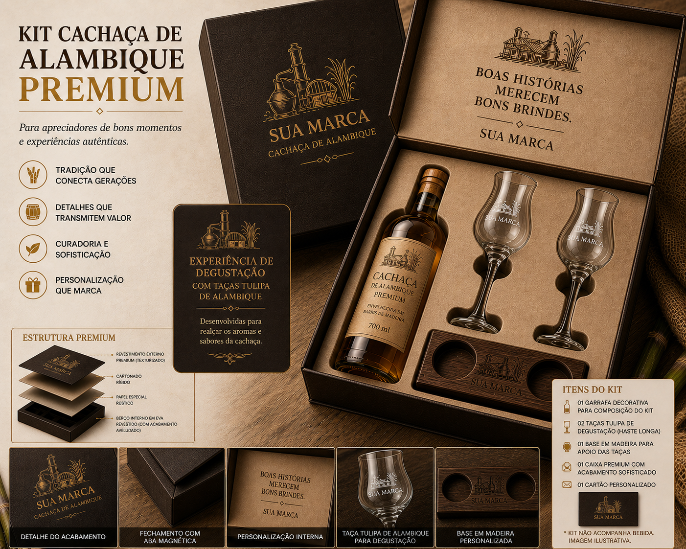 kit Cachaça de alambique - PREMIUM - personalizado - 2 taças tulipa degustação com haste personalizadas + base de madeira + cartão + caixa acartonada premium