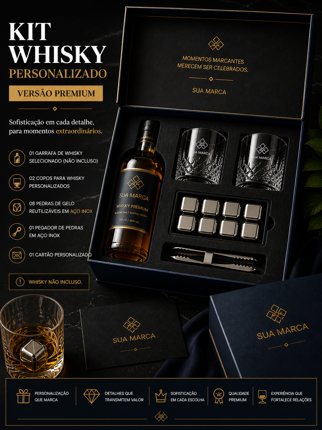 kit Whisky personaçizado - VERSÃO PREMIUM - 2 copos de whisky personalizados + oito pedras de gelo reutilizaveis (INOX) + 01 pegador de pedras aço inox + cartão + caixa + sacola