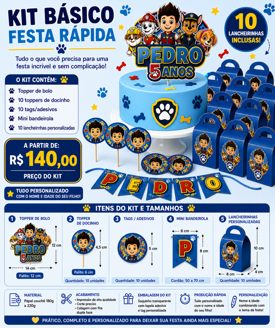 kit festa infantil - BASICO - personalizado - Topper bolo + topper docinho + tags adesivo + mini bandeirinhas + caixa lembrancinha
