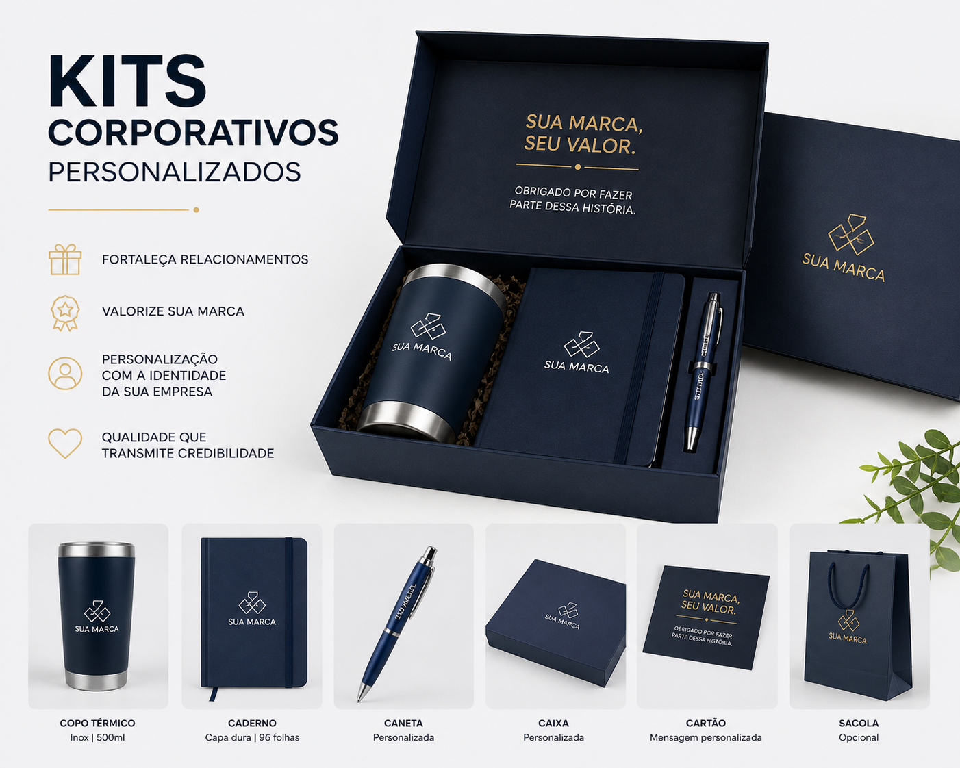 kit corporativo: Caneca personaliza + Molesquine + caneta personaliza + caixa + cartão + sacola