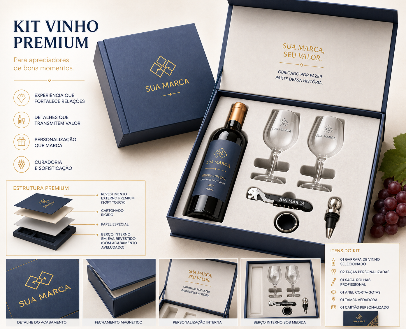 kit Vinho Premium: Garrafa de vinho (por conta do cliente) + 2 taças vidro + 1 saca rolha + 1 anel corta gotas + 1 tampa  + cartão