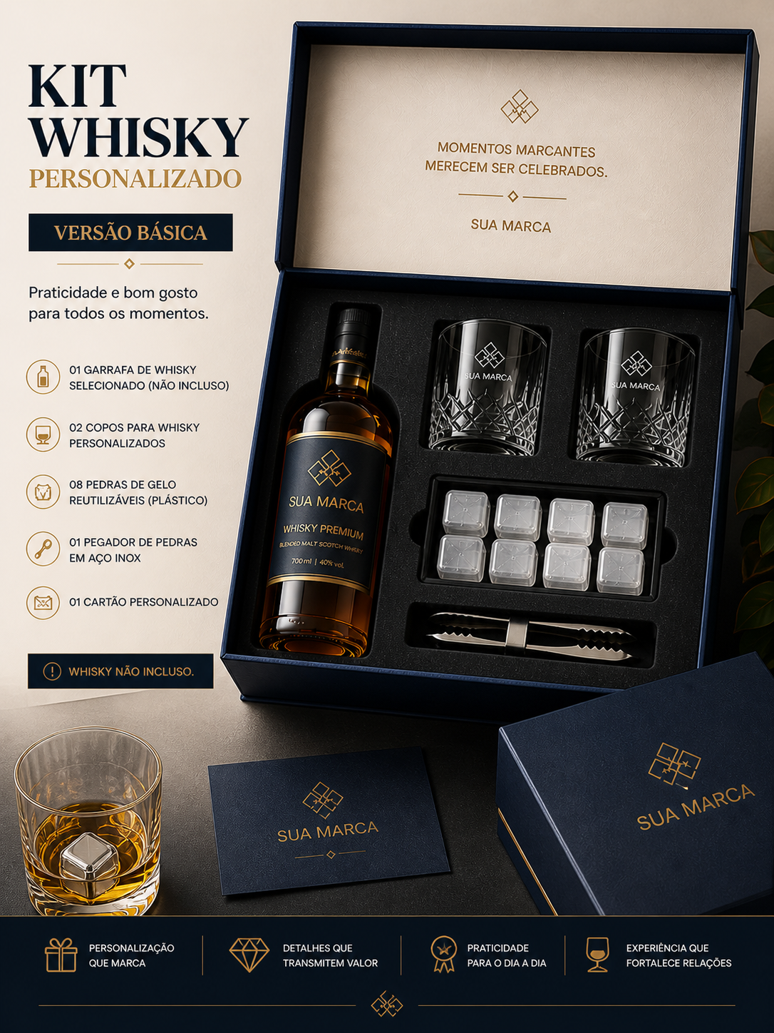 kit Whisky personalizado - VERSÃO BÁSICA - 2 copos de whisky personalizados + oito pedras de gelo reutilizaveis (plastico) + 01 pegador de pedras em aço inox + cartão + caixa + sacola
