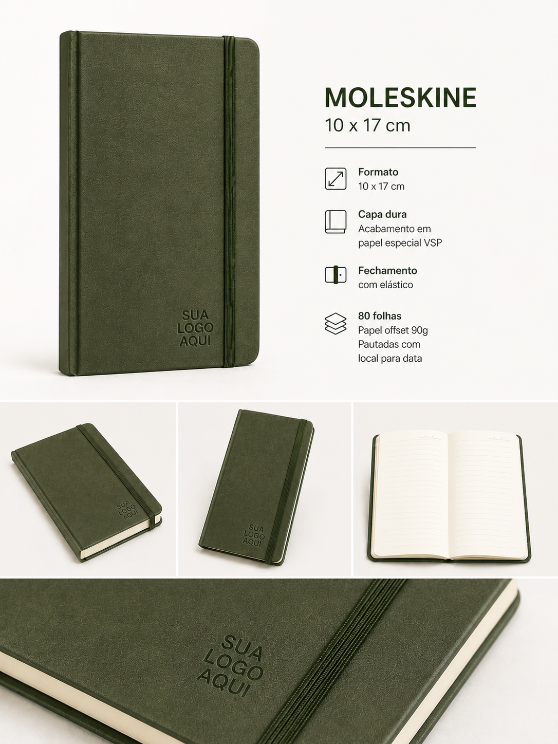 Moleskine - Capa dura cartonada - 10x17cm - Personalizada - 80 folhas - 1x1 cor  - 10 unidades