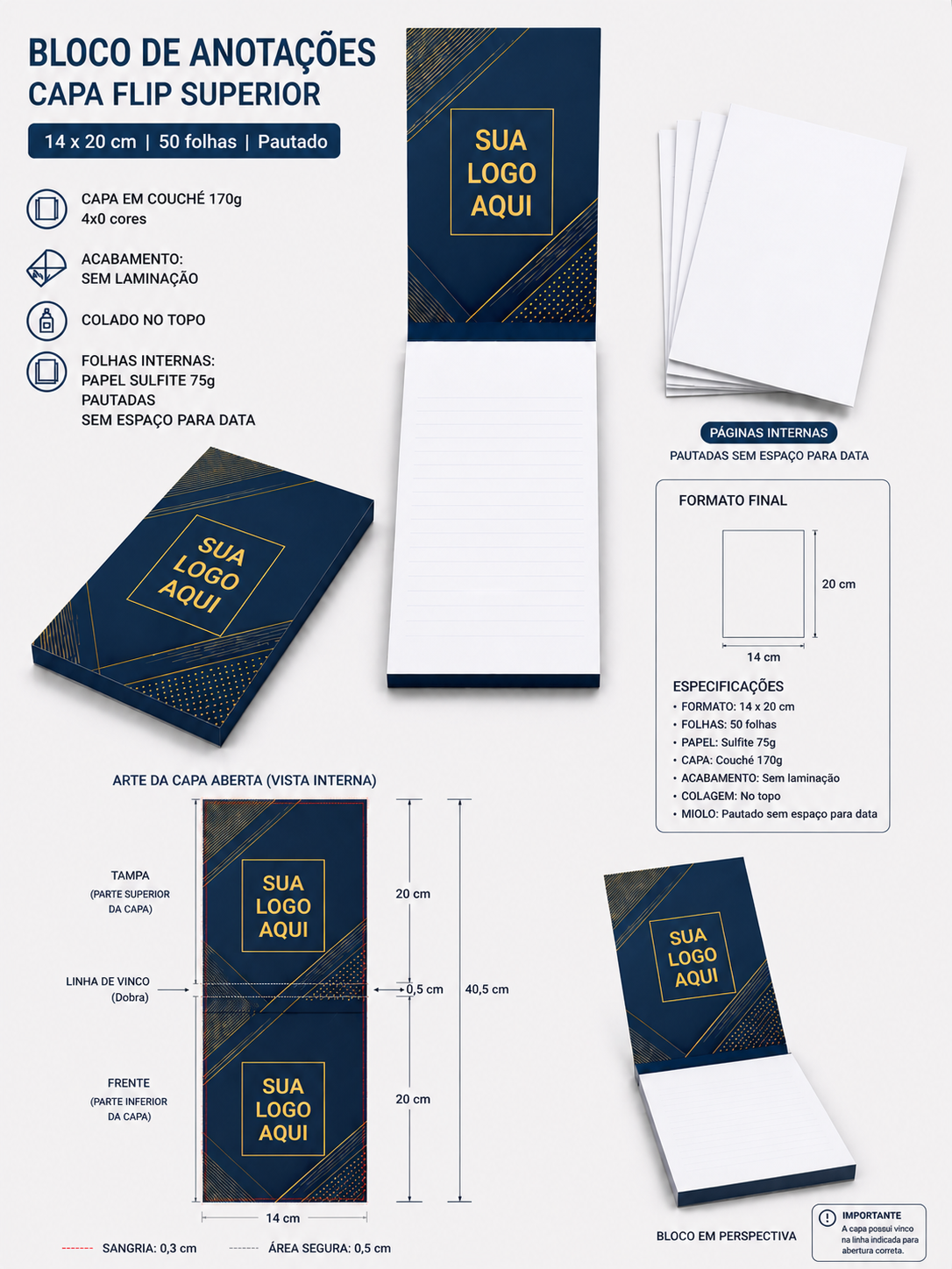 Kit blocos anotação corporativo - PREMIIM - 50 folhas sem impressão - 50 unidade
