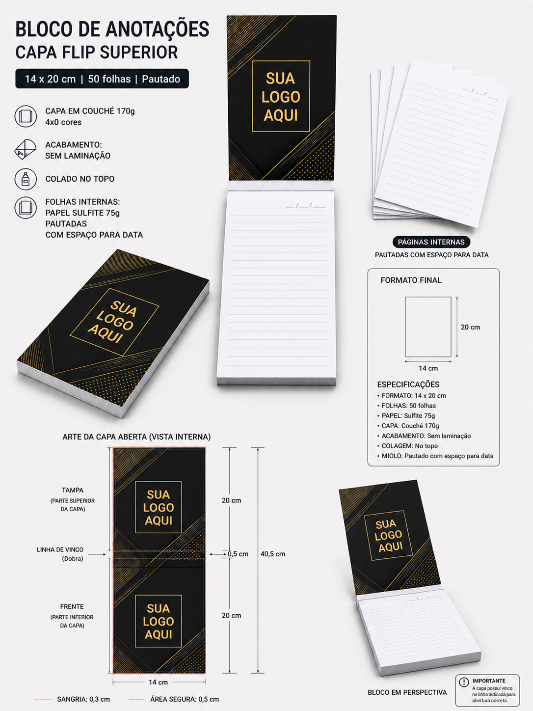 Kit blocos de anotação corporativo - PREMIIM - 50 folhas - impressão 1x0 cor - 20 unidade