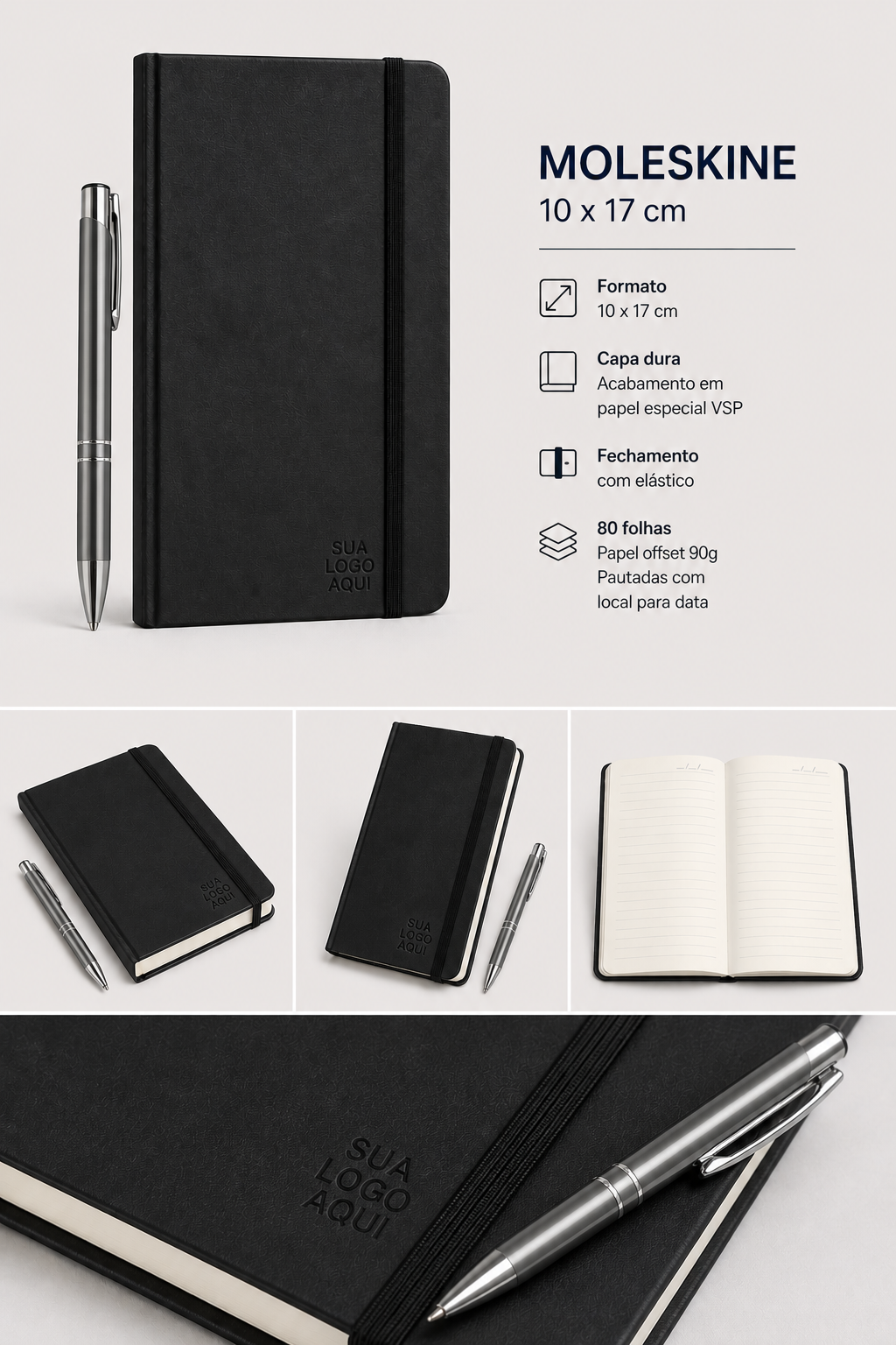Moleskine - Capa dura cartonada - 10x17cm - Personalizada - 80 folhas + caneta - 1x1 cor  - 10 unidades
