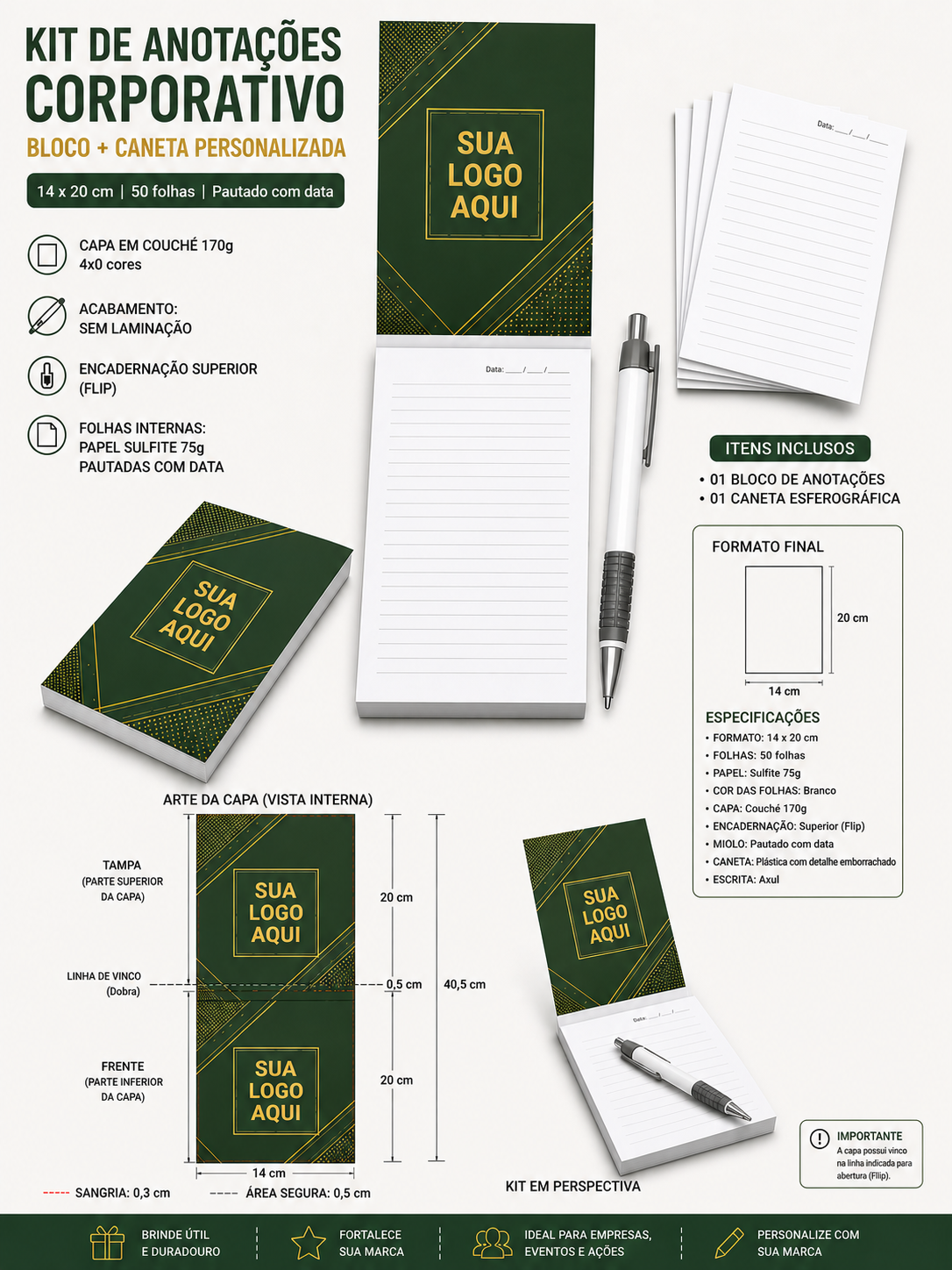 Kit blocos de anotação corporativo - PREMIIM - 50 folhas - impressão 1x0 cor + caneta - 50 unidade