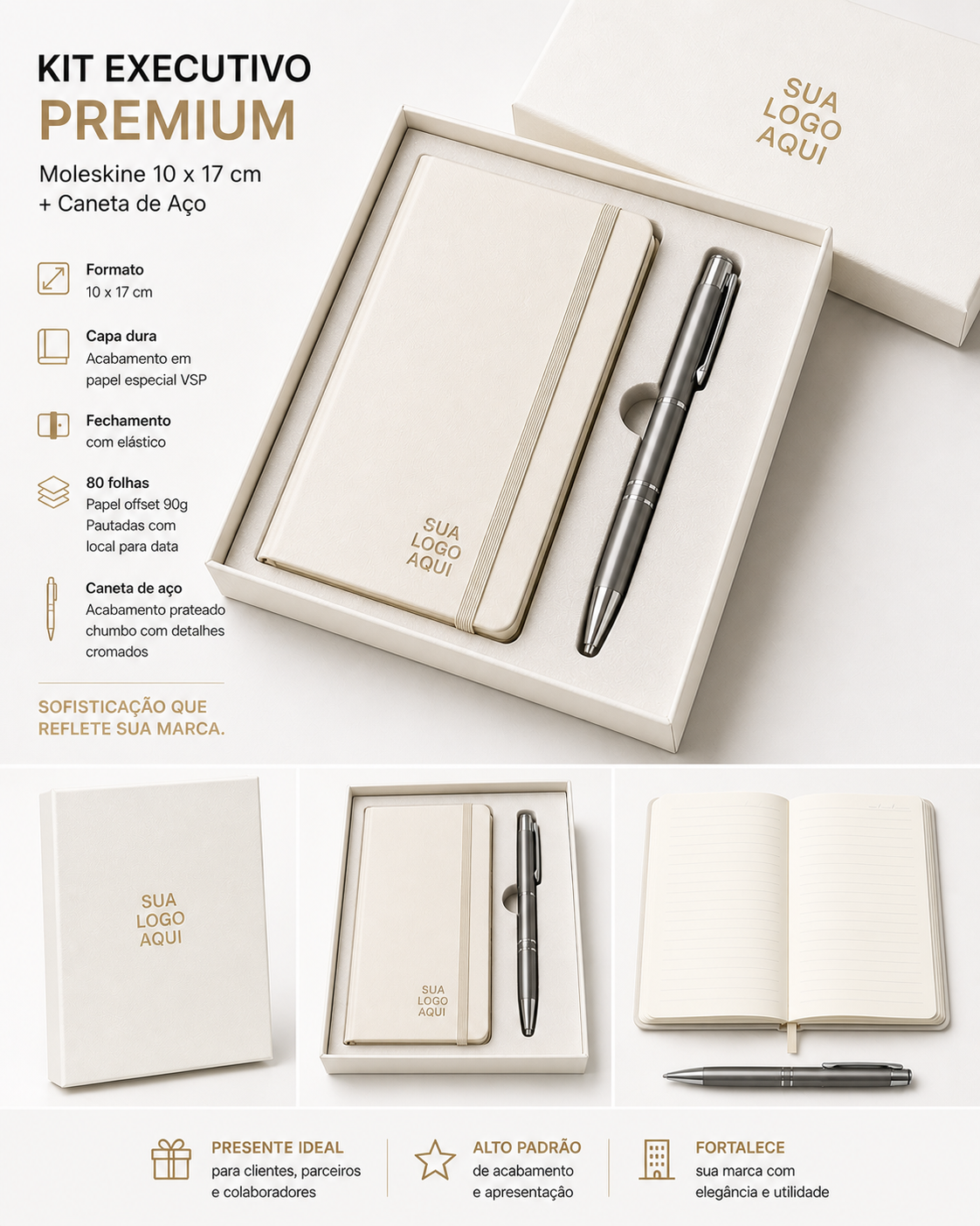 Kit Moleskine - PREMIUM - Capa dura cartonada - 10x17cm - Personalizada - 80 folhas - 1x1 cor  +  caneta + caixa - 10 unidades