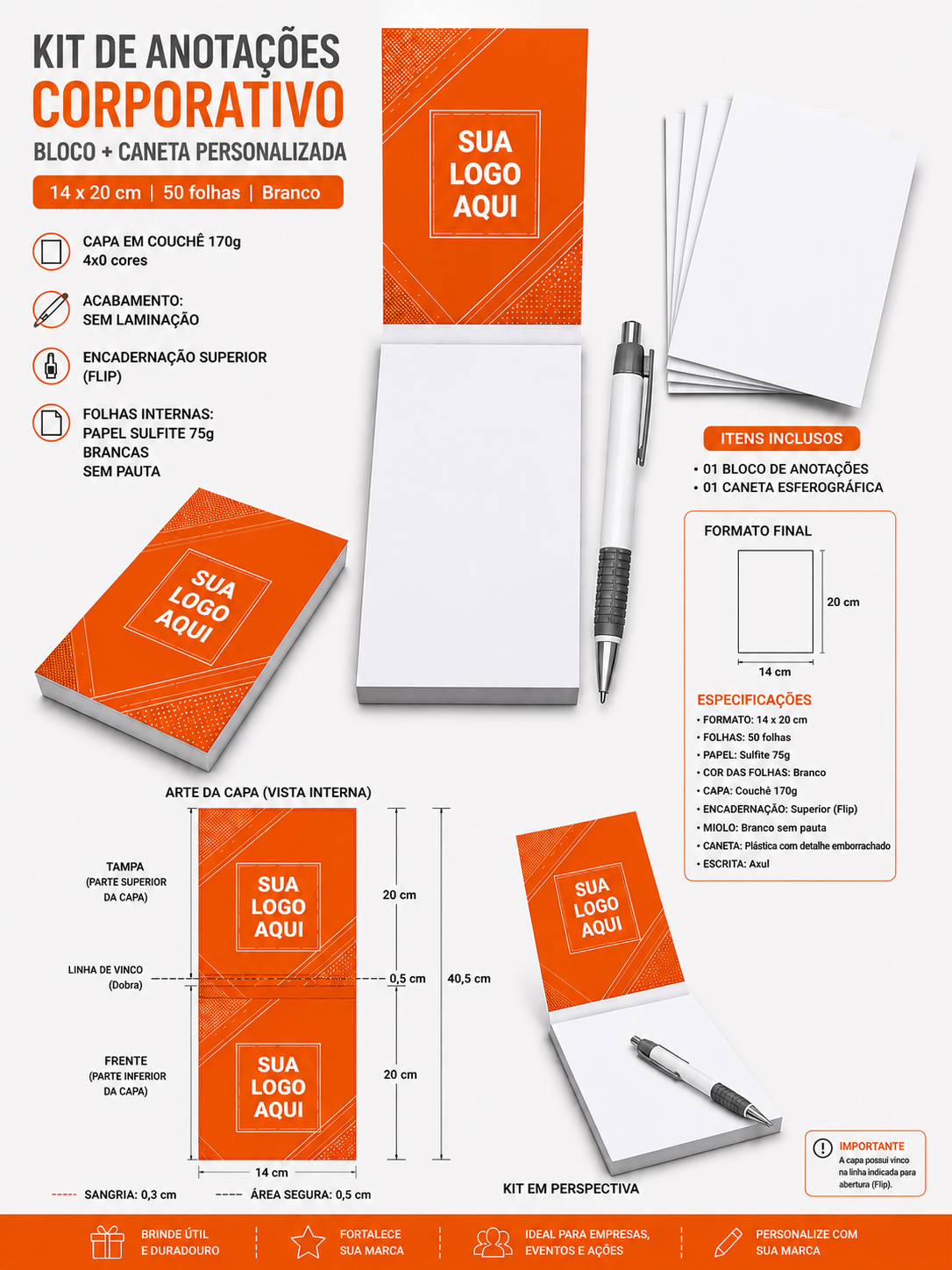 Kit blocos de anotação corporativo - PREMIIM - 50 folhas sem impressão + caneta - 50 unidade