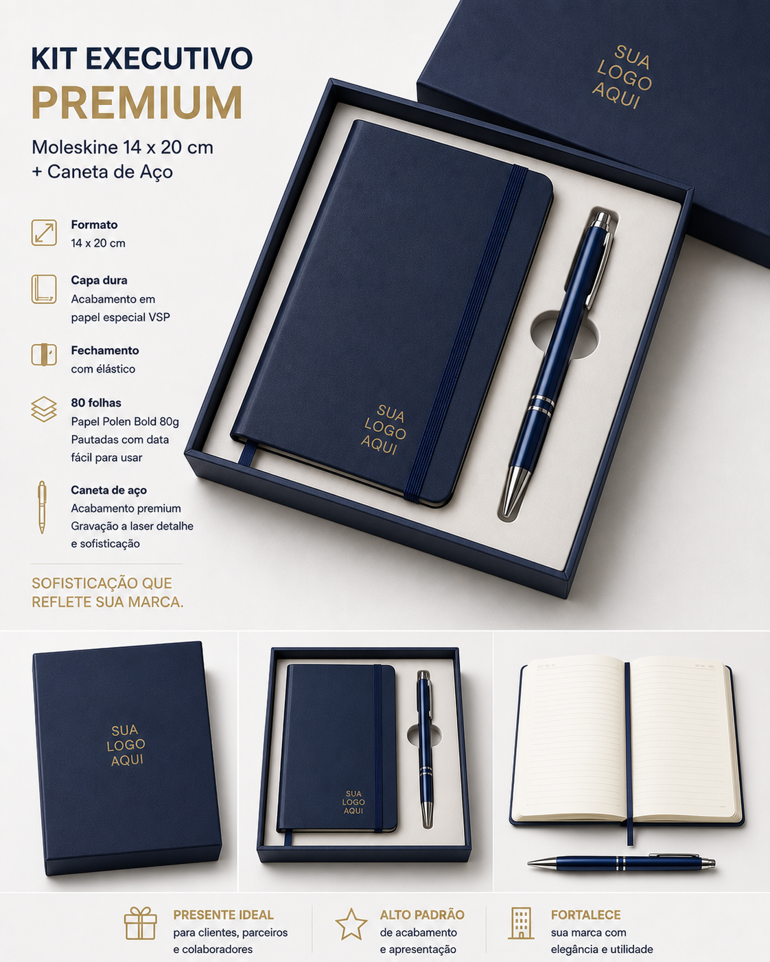 Kit Moleskine - PREMIUM - Capa dura cartonada - 14x20cm - Personalizada - 80 folhas - 1x1 cor  +  caneta + caixa - 10 unidades