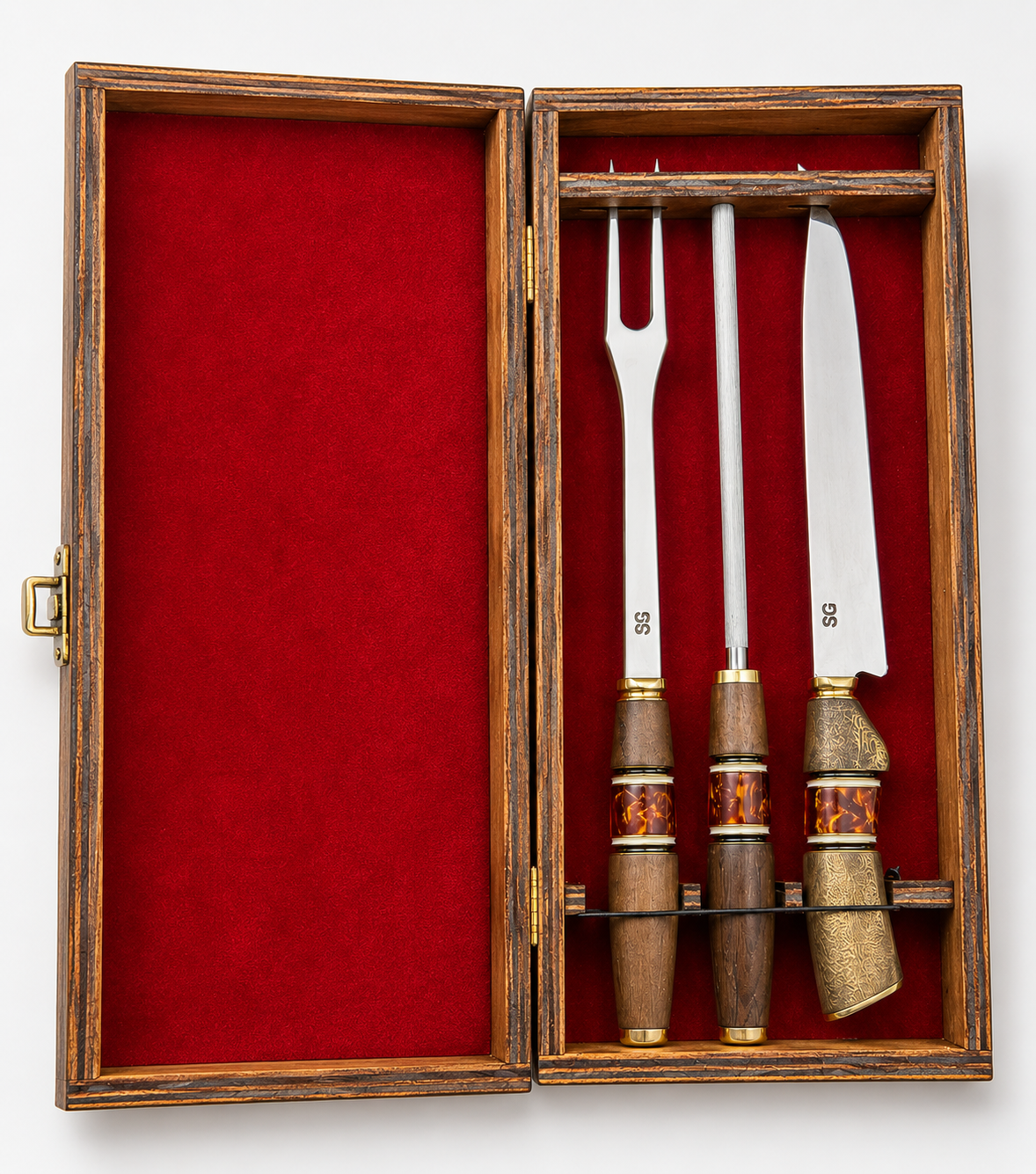 Tri conjunto faca, chaira e garfo - aço inox  - cabo aleatório - 8 polegadas