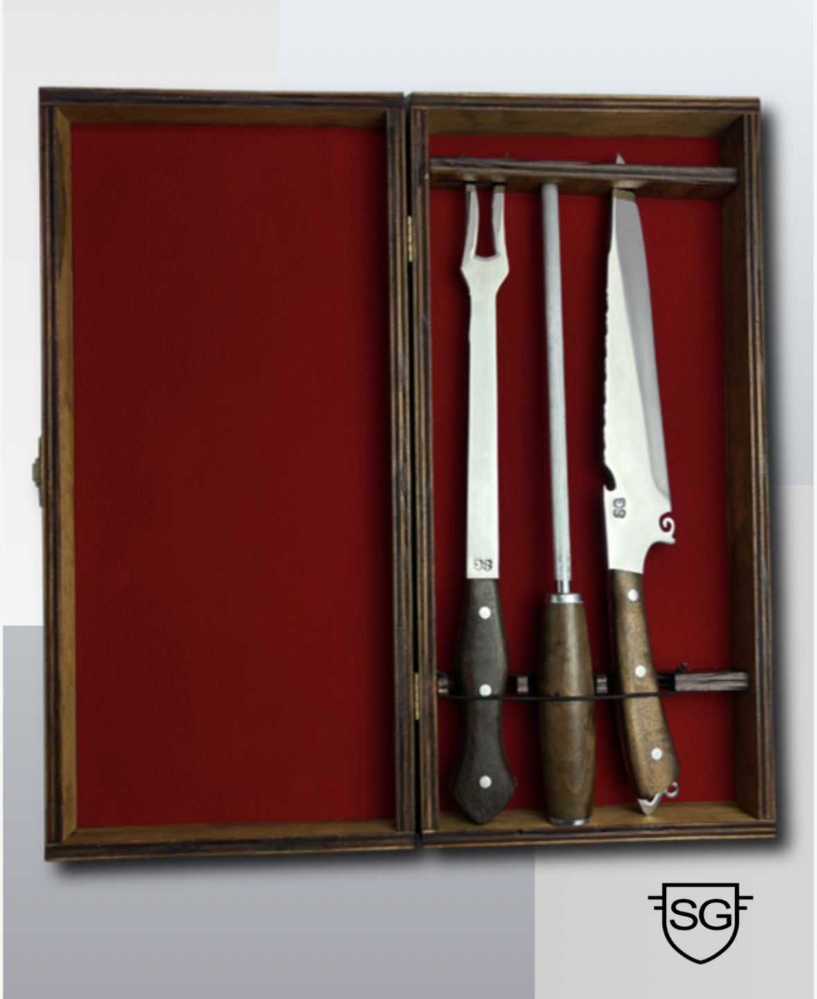 Tri conjunto faca, chaira e garfo Picaço - aço inox  - cabo madeira - 8 polegadas