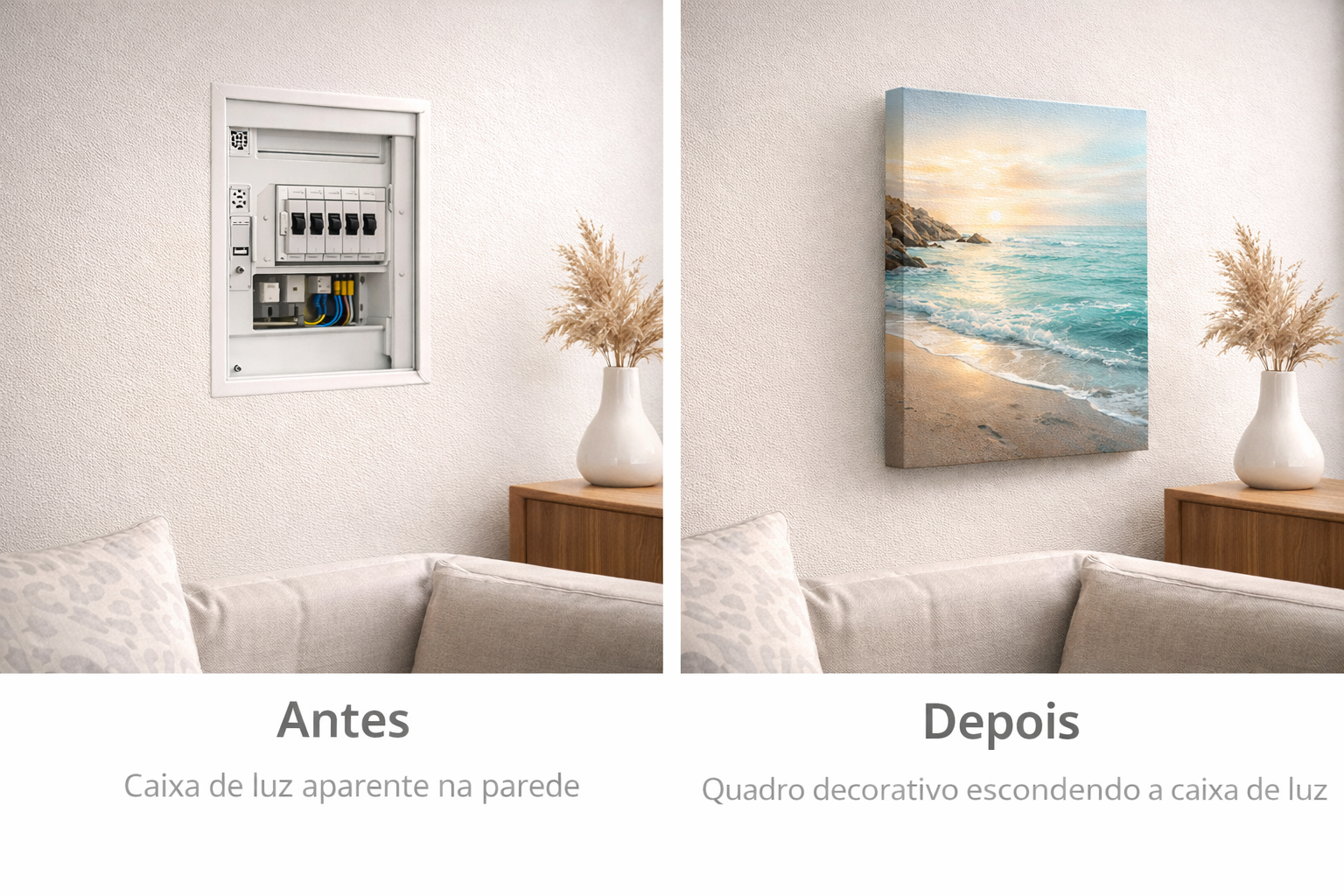Antes e depois escondendo caixa de luz com quadro decorativo