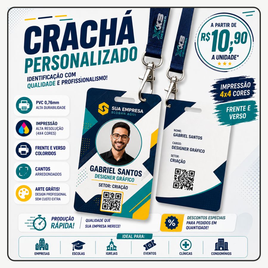 Crachá Personalizado – Frente e Verso Coloridos | 4x4 Cores